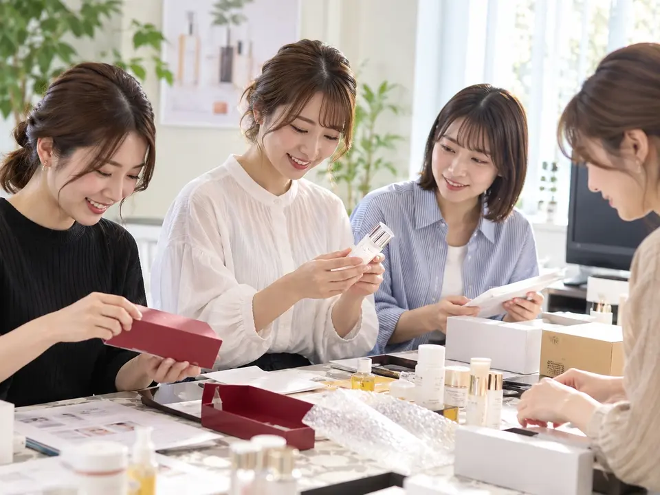 コスメティックカルチャーの化粧品教室で化粧を楽しむ参加者