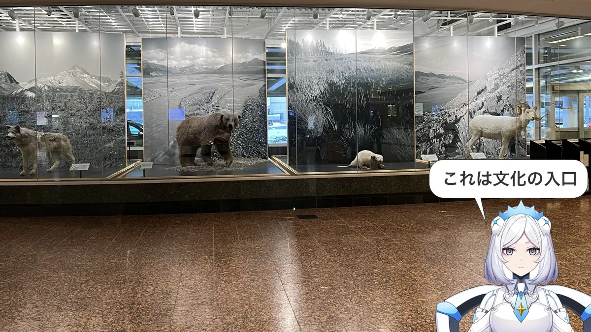 文化観察ログ｜クマを含むアラスカの野生動物を展示したアンカレッジ空港の館内